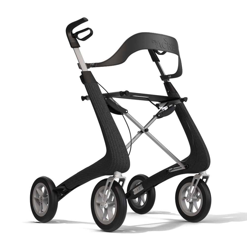 Full angled view of a black byACRE Nordic Pioneer rollator fully equipped with the sustainable comfort backrest accessory.