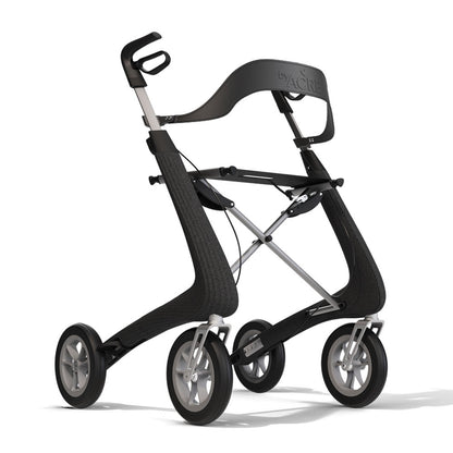 Full angled view of a black byACRE Nordic Pioneer rollator fully equipped with the sustainable comfort backrest accessory.