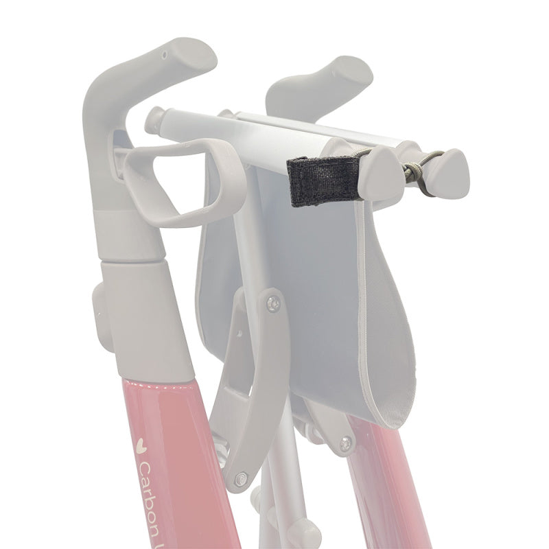 Close-up detail showing the byACRE Travel Lock securely fastened through the frame of a white Carbon Ultralight rollator, providing essential theft deterrence.