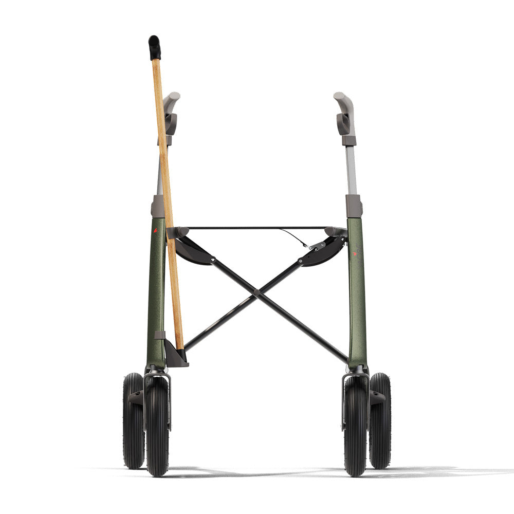 byACRE Carbon Overland Cane Holder on green rollator, front view