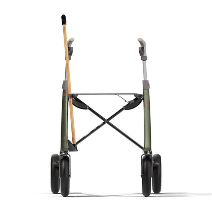 byACRE Carbon Overland Cane Holder on green rollator, front view
