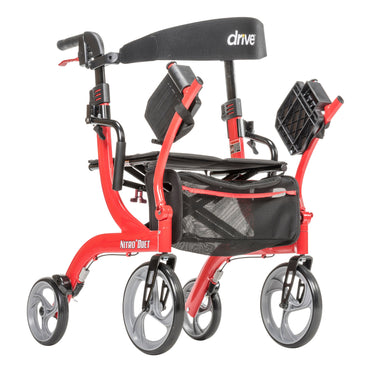 Drive Nitro Duet red rollator, complete front three-quarter view with footrests raised