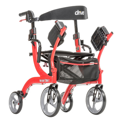 Drive Nitro Duet red rollator, complete front three-quarter view with footrests raised