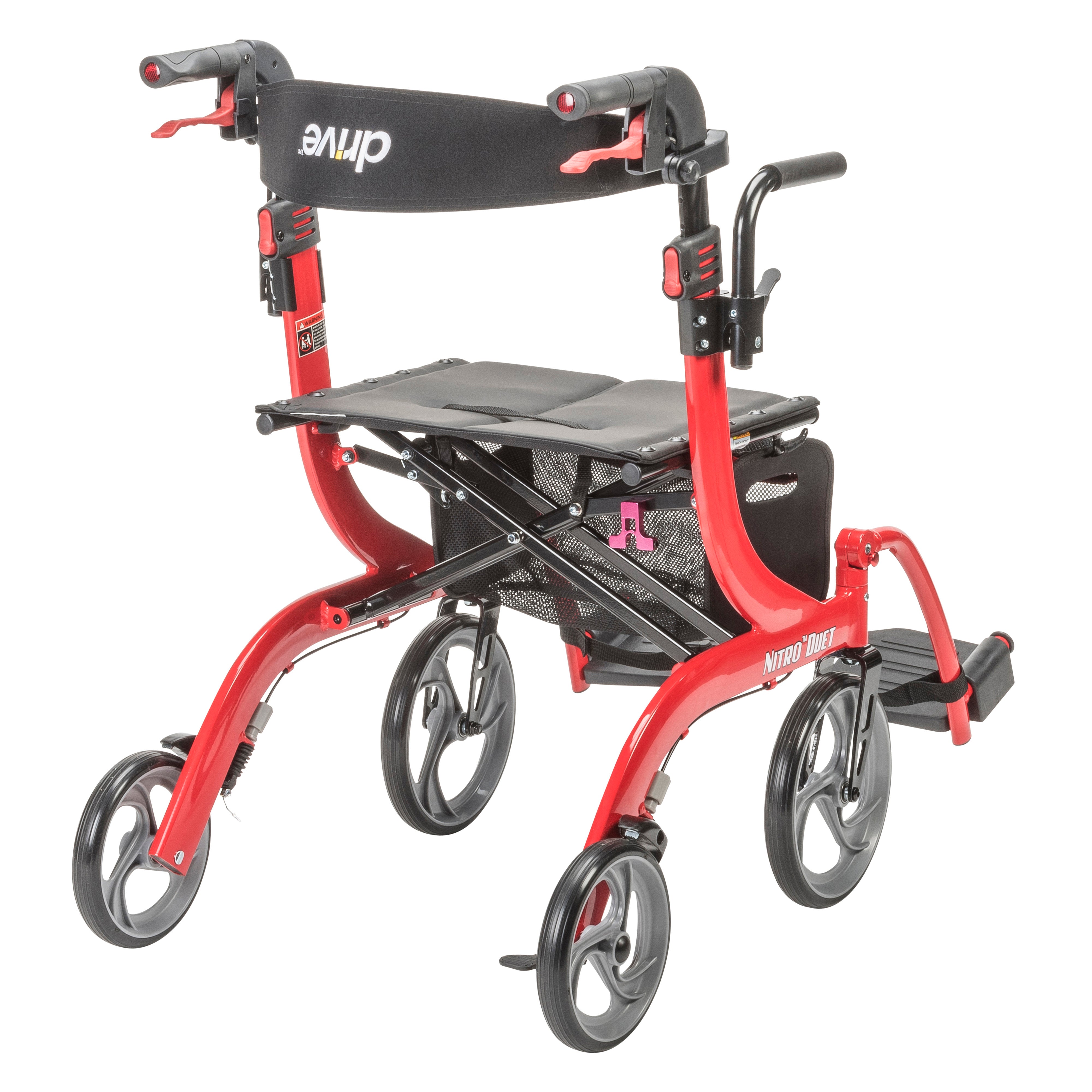 Drive Nitro Duet red rollator and transport chair, complete rear three-quarter view in transport mode