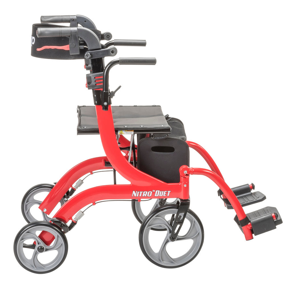 Drive Nitro Duet red rollator and transport chair, complete side view in transport mode