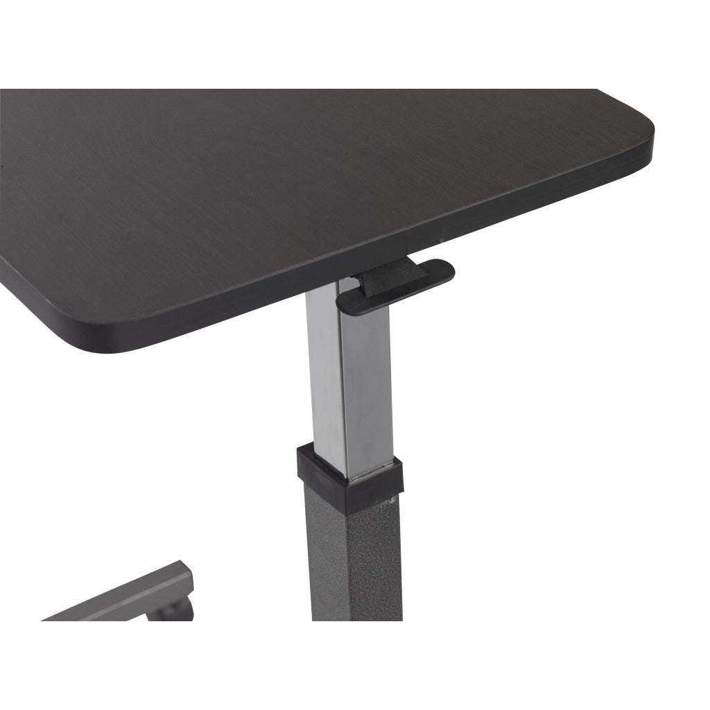 Drive Medical 13067 non-tilt overbed table, tabletop corner and height lever detail