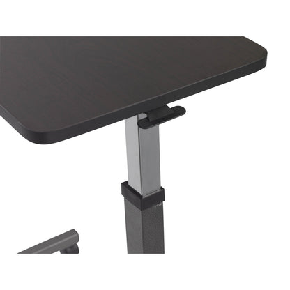 Drive Medical 13067 non-tilt overbed table, tabletop corner and height lever detail