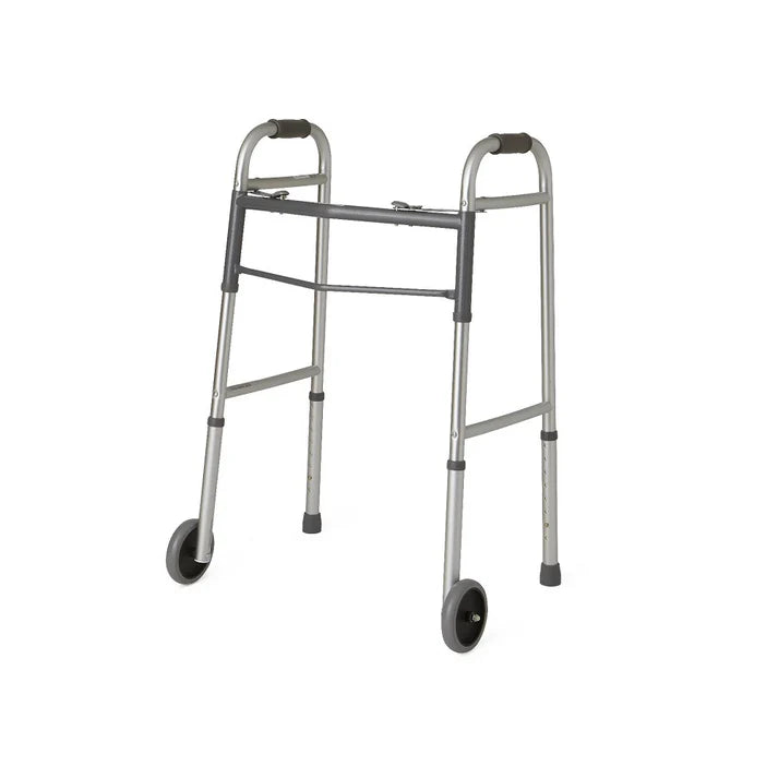 Alternate angled front view of the durable Care Made two-button folding walker ready for everyday use.