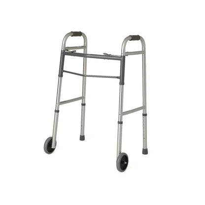Alternate angled front view of the durable Care Made two-button folding walker ready for everyday use.
