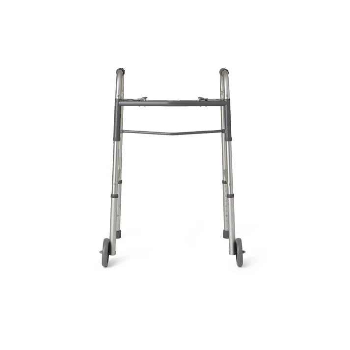Straight front view of the Care Made silver folding walker highlighting its secure two-button folding mechanism and front wheels.