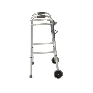 Drive Medical two-button folding walker with front wheels, side view on white