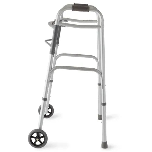 The Care Made folding walker with wheels collapsed completely flat for easy space-saving storage and car transport.