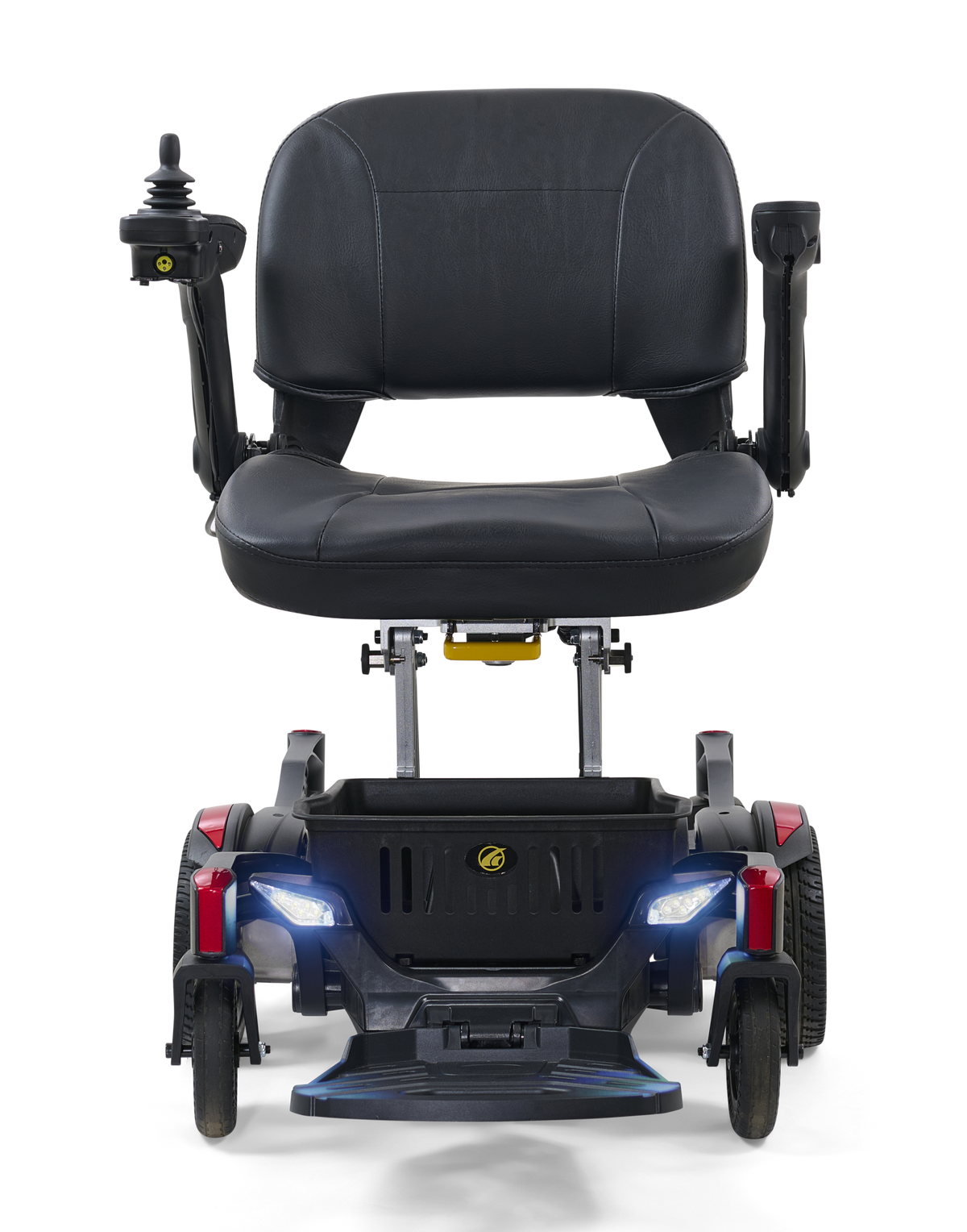 Golden Buzzaround CarryOn GP130 power chair, complete front view with headlights illuminated