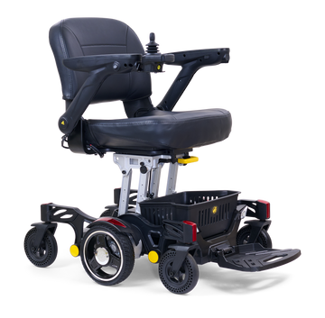 Golden Buzzaround CarryOn GP130 power chair with red shrouds, complete front three-quarter view
