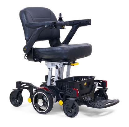 Golden Buzzaround CarryOn GP130 power chair with red shrouds, complete front three-quarter view
