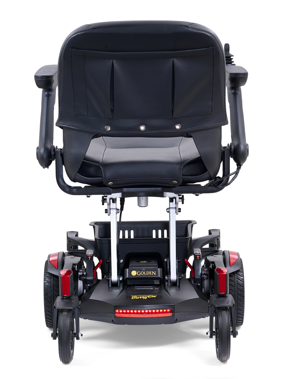 Golden Buzzaround CarryOn GP130 power chair with red shrouds, rear view