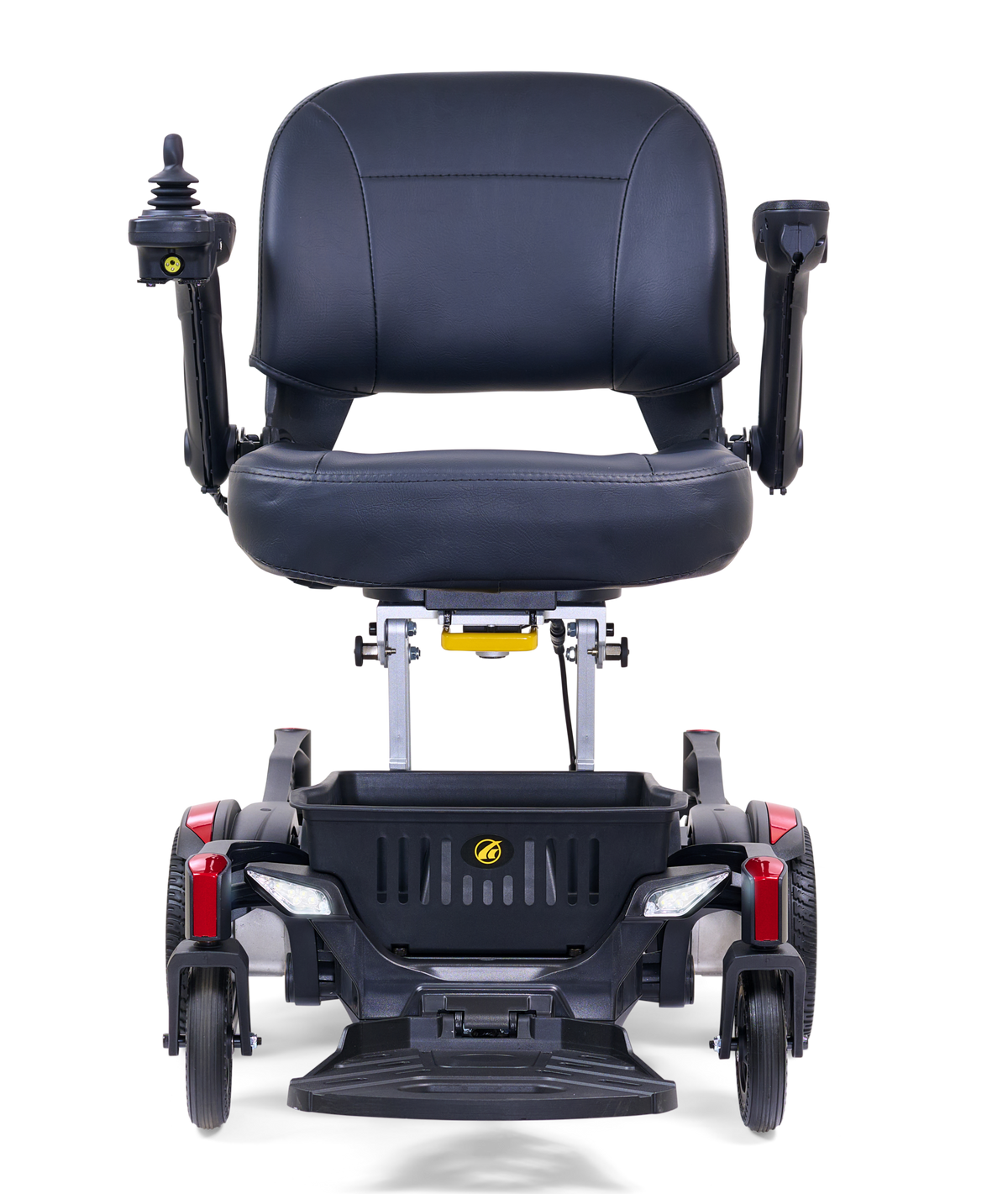 Golden Buzzaround CarryOn GP130 power chair with red shrouds, front view