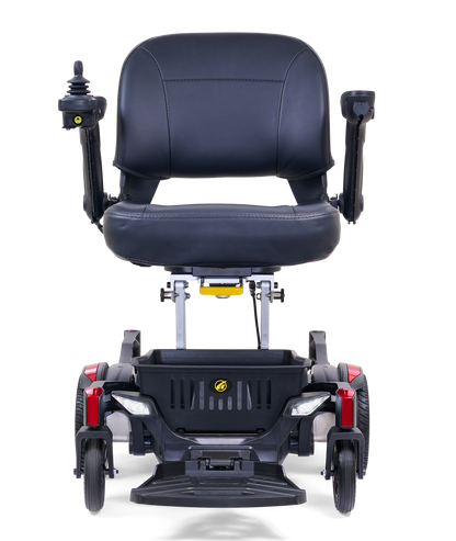 Golden Buzzaround CarryOn GP130 power chair with red shrouds, front view