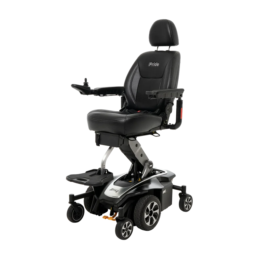 Pride Jazzy Air 2 in Onyx Black, complete front three-quarter view with seat elevated