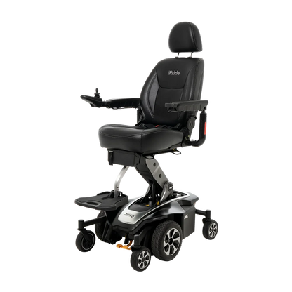 Pride Jazzy Air 2 in Onyx Black, complete front three-quarter view with seat elevated