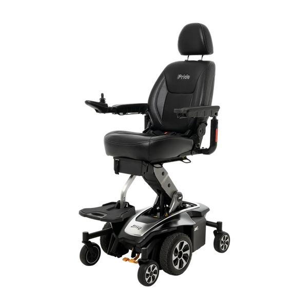 Pride Jazzy Air 2 in Onyx Black, complete front three-quarter view with seat elevated