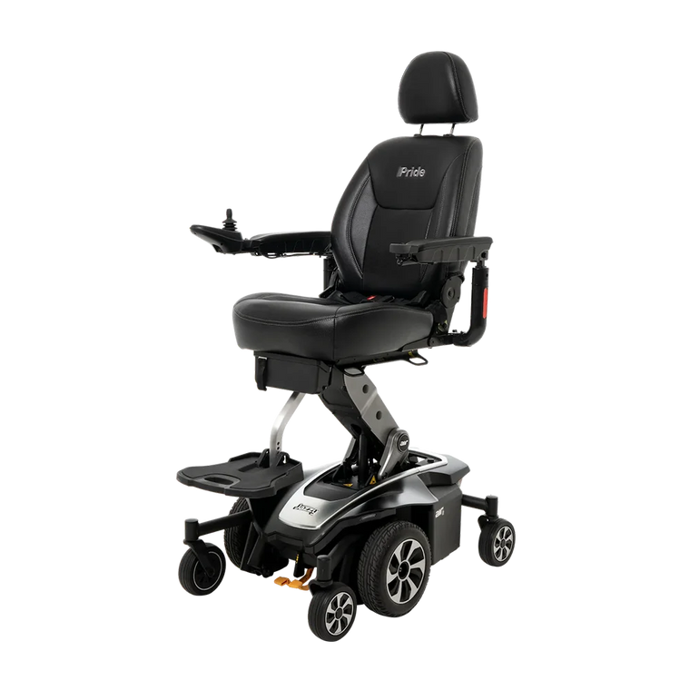 Pride Jazzy Air 2 in Onyx Black, complete front three-quarter view with seat elevated