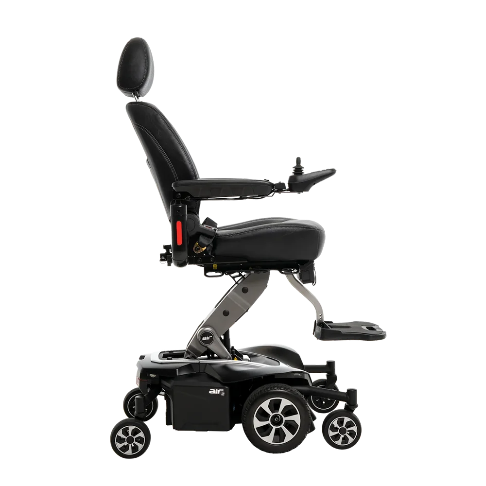 Pride Jazzy Air 2 in Onyx Black, complete side view with seat elevated