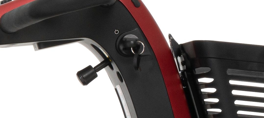 Pride Maxima SC941 four-wheel scooter in Garnet Red Matte, tiller adjustment lever and control-column detail