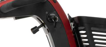Pride Maxima SC941 four-wheel scooter in Garnet Red Matte, tiller adjustment lever and control-column detail