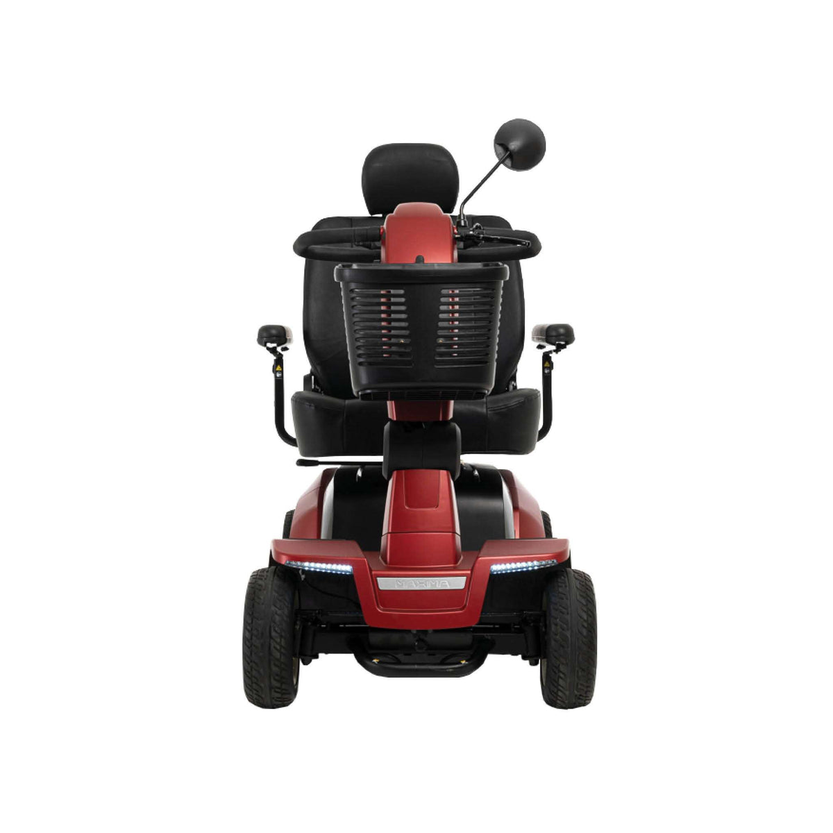 Pride Maxima four-wheel scooter with standard high-back seat, complete front view