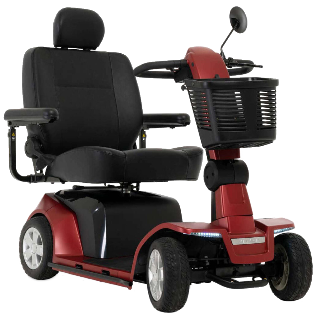 Pride Maxima SC941 four-wheel scooter in Garnet Red Matte, complete front three-quarter view
