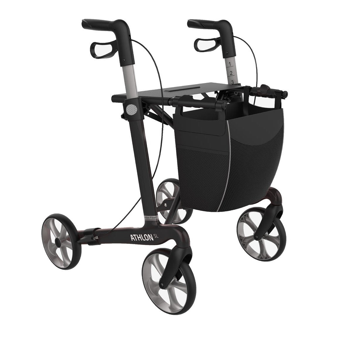 Rehasense ATHLON SL Large carbon rollator in Black Carbon, front three-quarter studio view