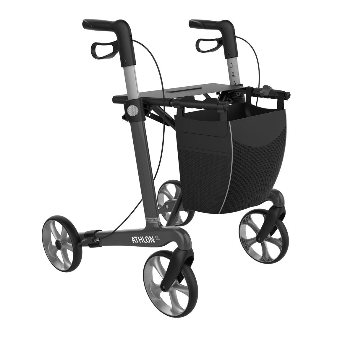 Rehasense ATHLON SL Large carbon rollator in Grey Carbon, front three-quarter studio view