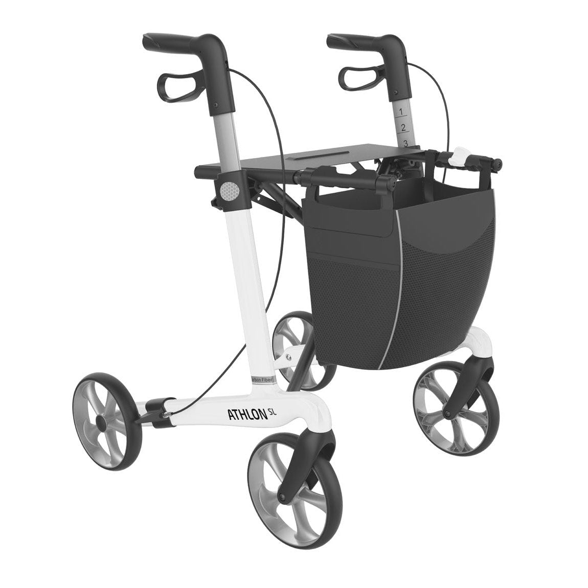 Rehasense ATHLON SL Large carbon rollator in White Carbon, front three-quarter studio view