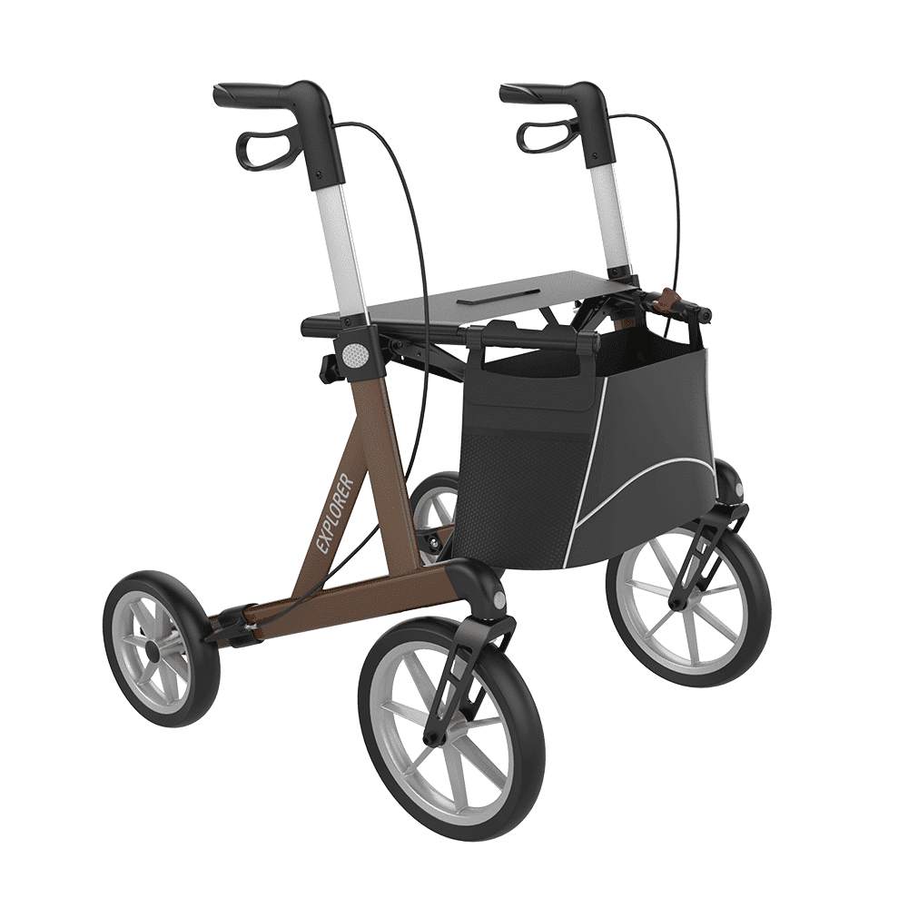 Rehasense EXPLORER outdoor rollator, Brown Large, front three-quarter view