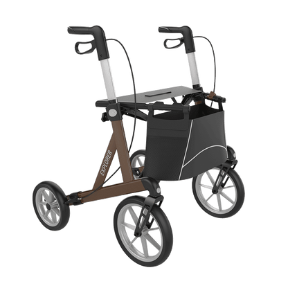 Rehasense EXPLORER outdoor rollator, Brown Large, front three-quarter view