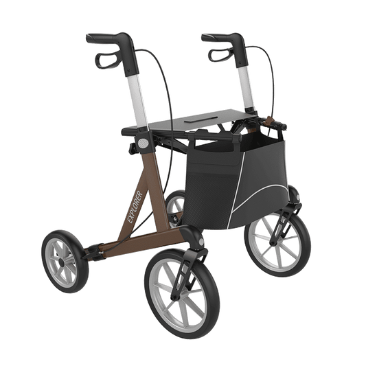 Rehasense EXPLORER outdoor rollator, Brown Large, front three-quarter view