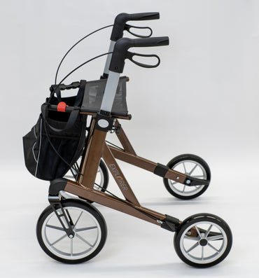 Rehasense EXPLORER Brown Large outdoor rollator, left side view showing large soft wheels
