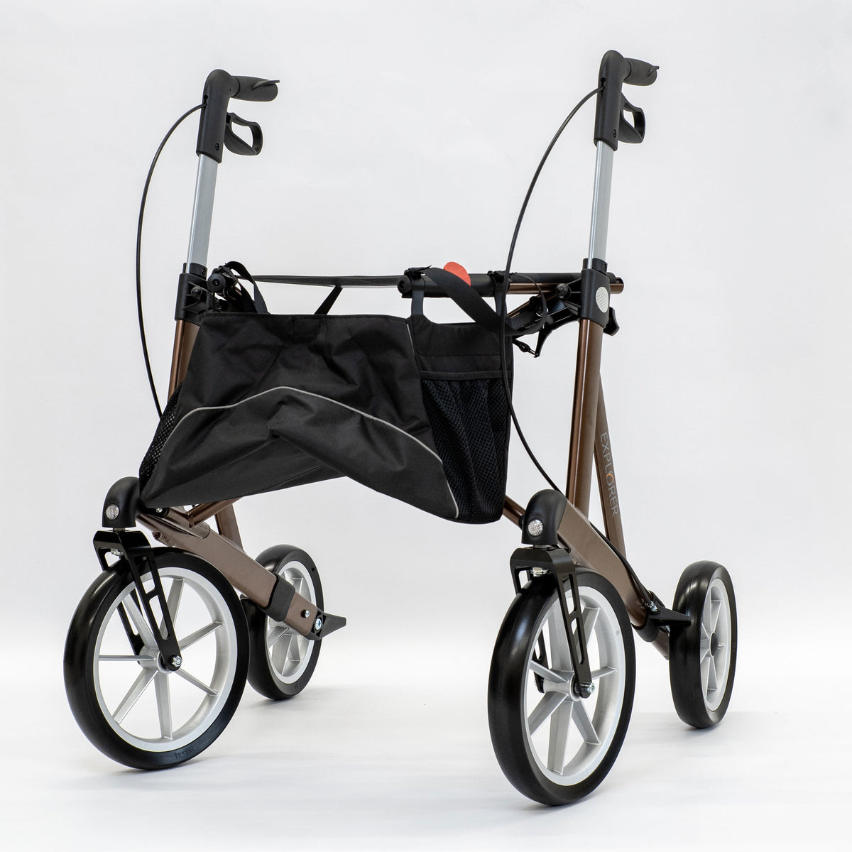 Rehasense EXPLORER Brown Large outdoor rollator, rear three-quarter view with shopping bag