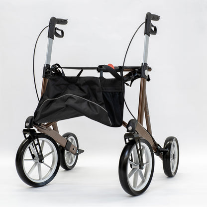 Rehasense EXPLORER Brown Large outdoor rollator, rear three-quarter view with shopping bag