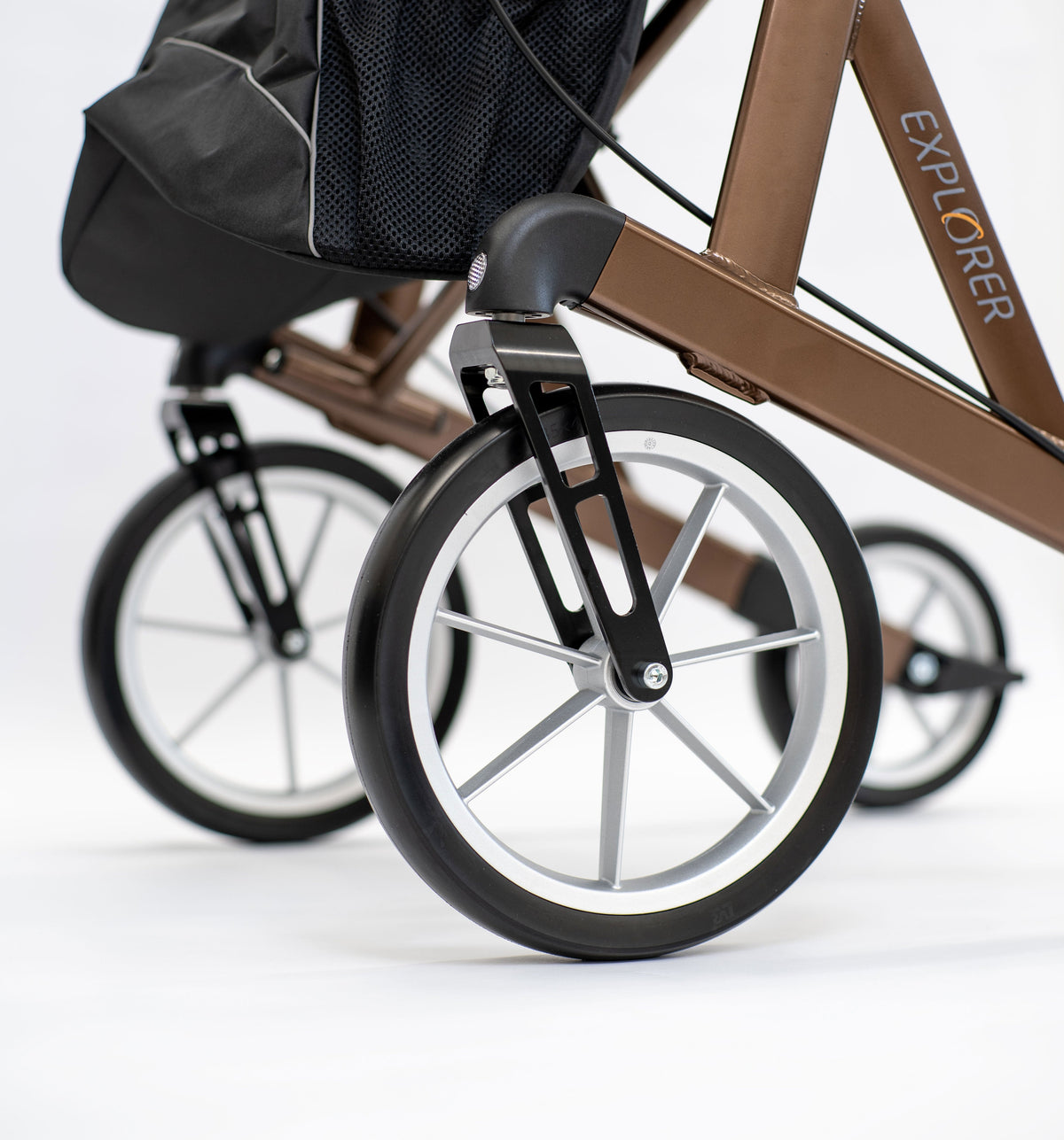 Rehasense EXPLORER Brown Large outdoor rollator, large front soft wheel detail