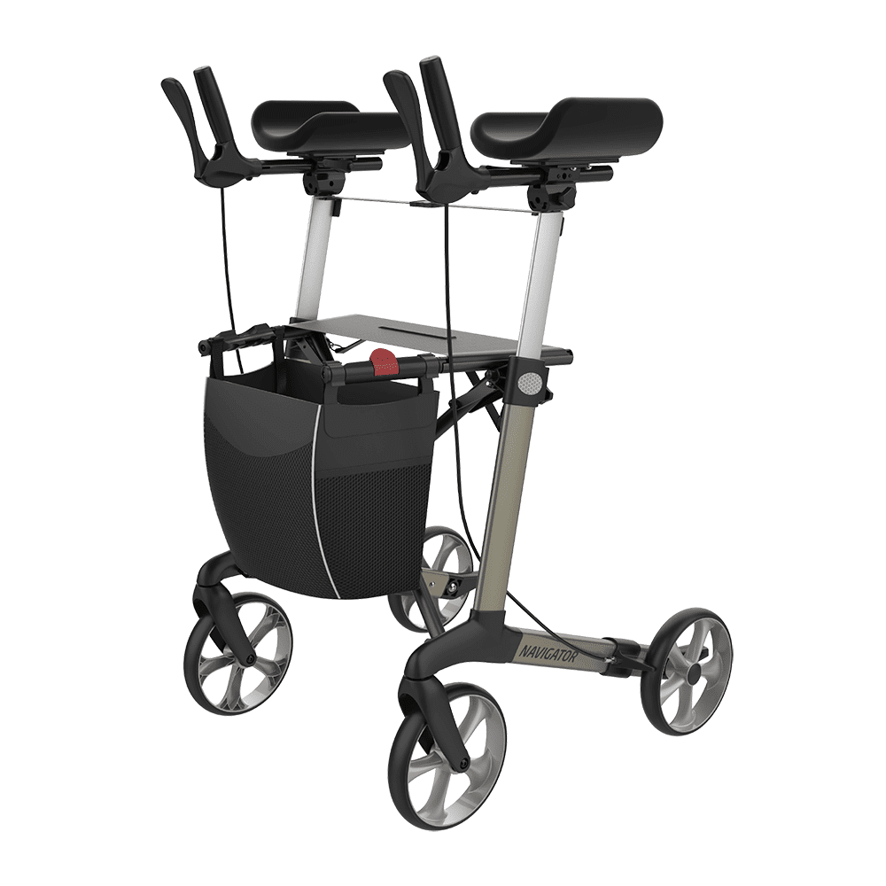 Rehasense NAVIGATOR champagne Large NRRCHL60 forearm rollator, complete front three-quarter view