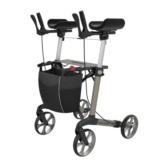Rehasense NAVIGATOR champagne Large NRRCHL60 forearm rollator, complete front three-quarter view