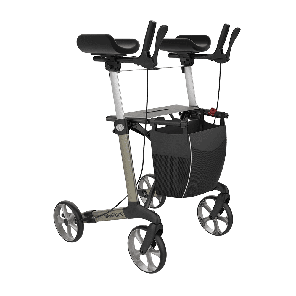 Rehasense NAVIGATOR champagne Large forearm rollator, complete front right view