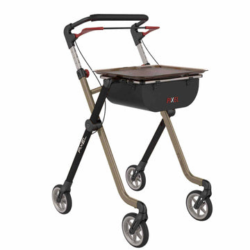 Rehasense PIXEL SPACE I indoor rollator in Black and Champagne with removable tray and net bag