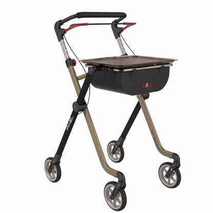 Rehasense PIXEL SPACE I indoor rollator in Black and Champagne with removable tray and net bag