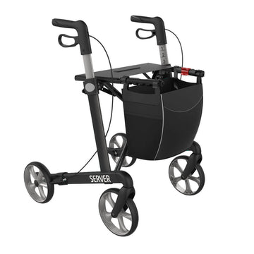 Rehasense SERVER Large rollator in Black, clean three-quarter view with seat and shopping bag