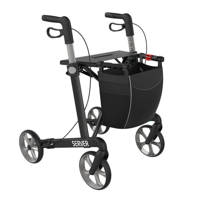 Rehasense SERVER Large rollator in Black, clean three-quarter view with seat and shopping bag
