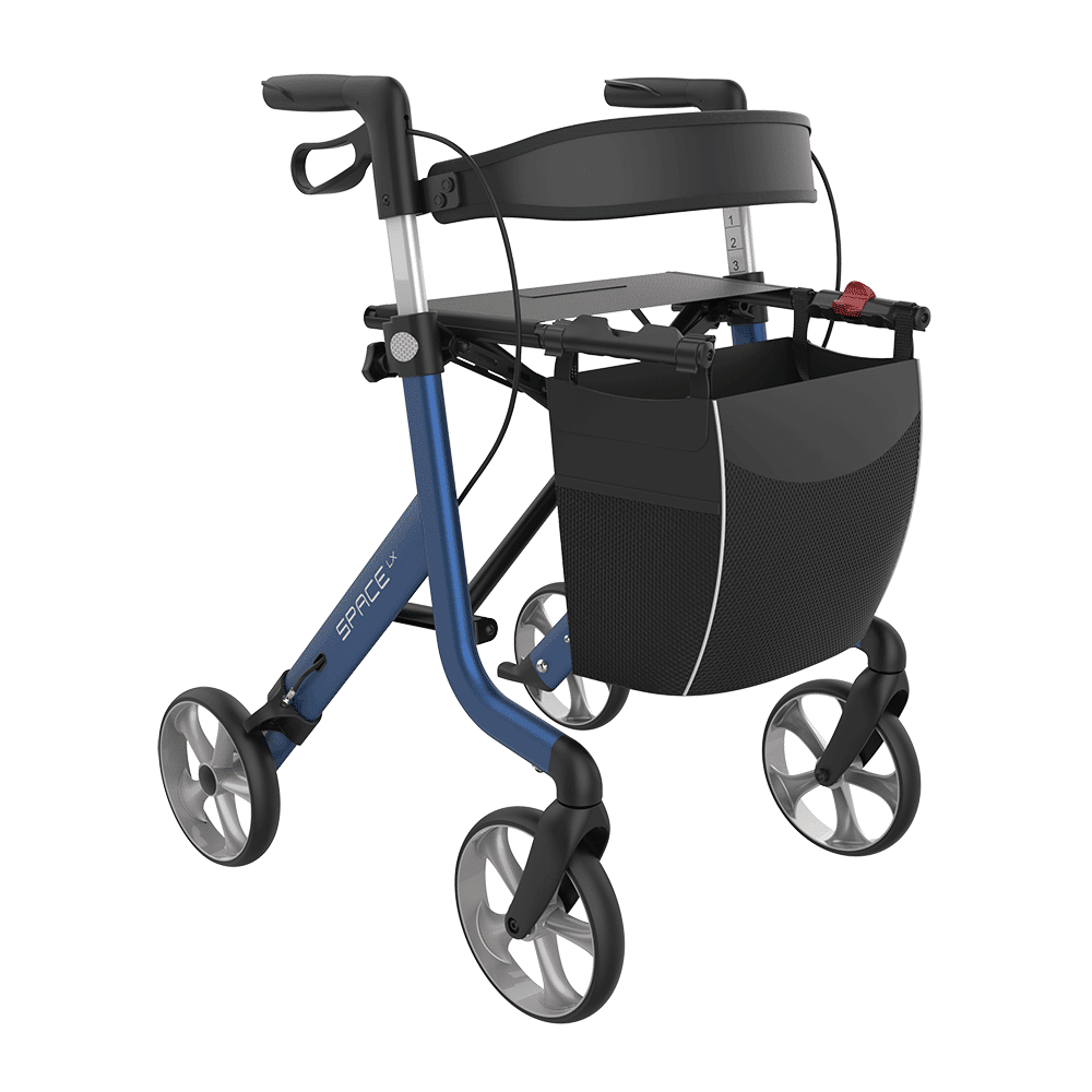 Rehasense SPACE LX Deep Seat rollator in Electric Blue with comfort backrest, front three-quarter view