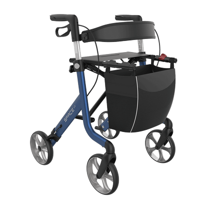 Rehasense SPACE LX Deep Seat rollator in Electric Blue with comfort backrest, front three-quarter view